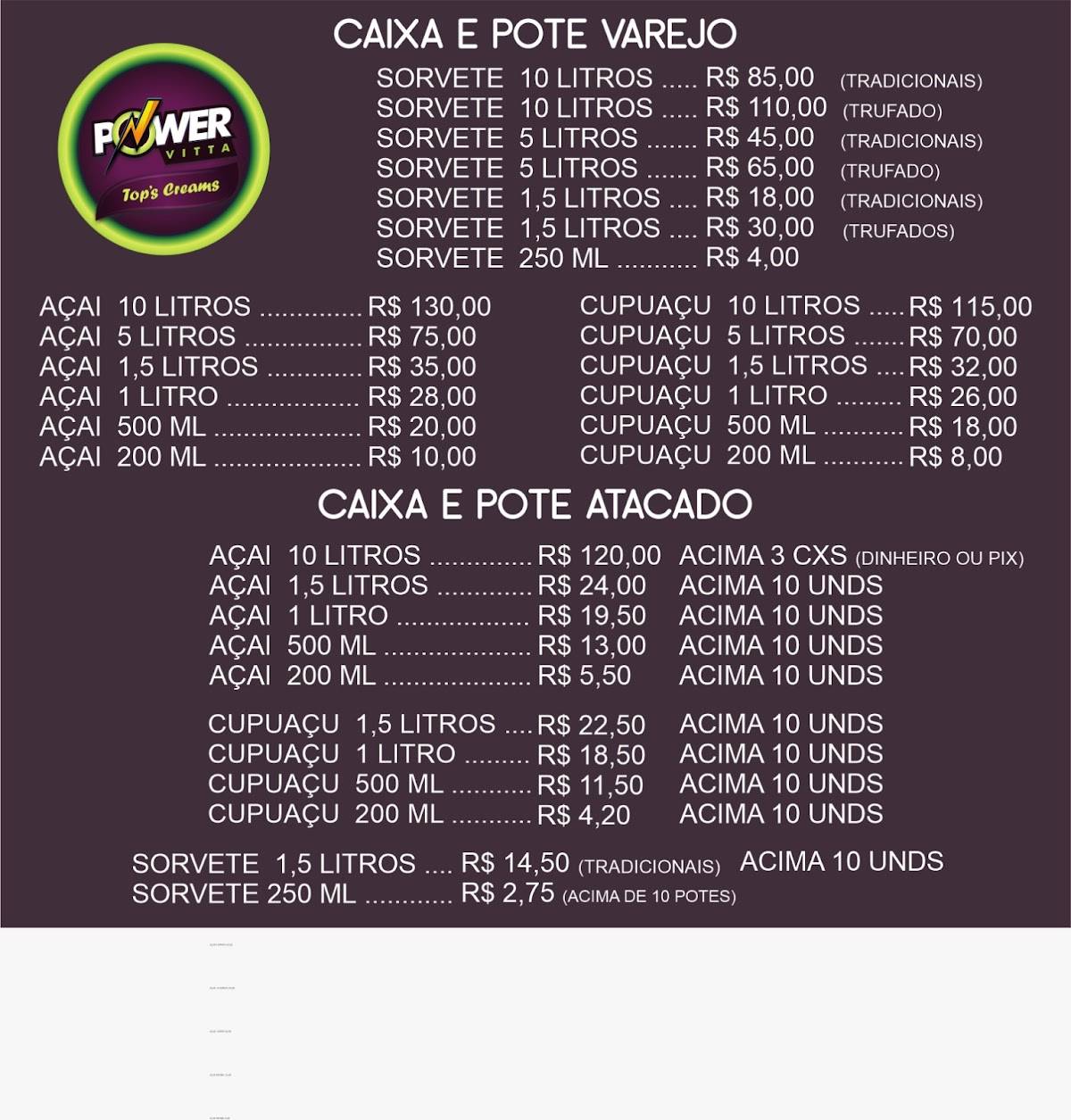 PowerVitta top's cream's cardápio