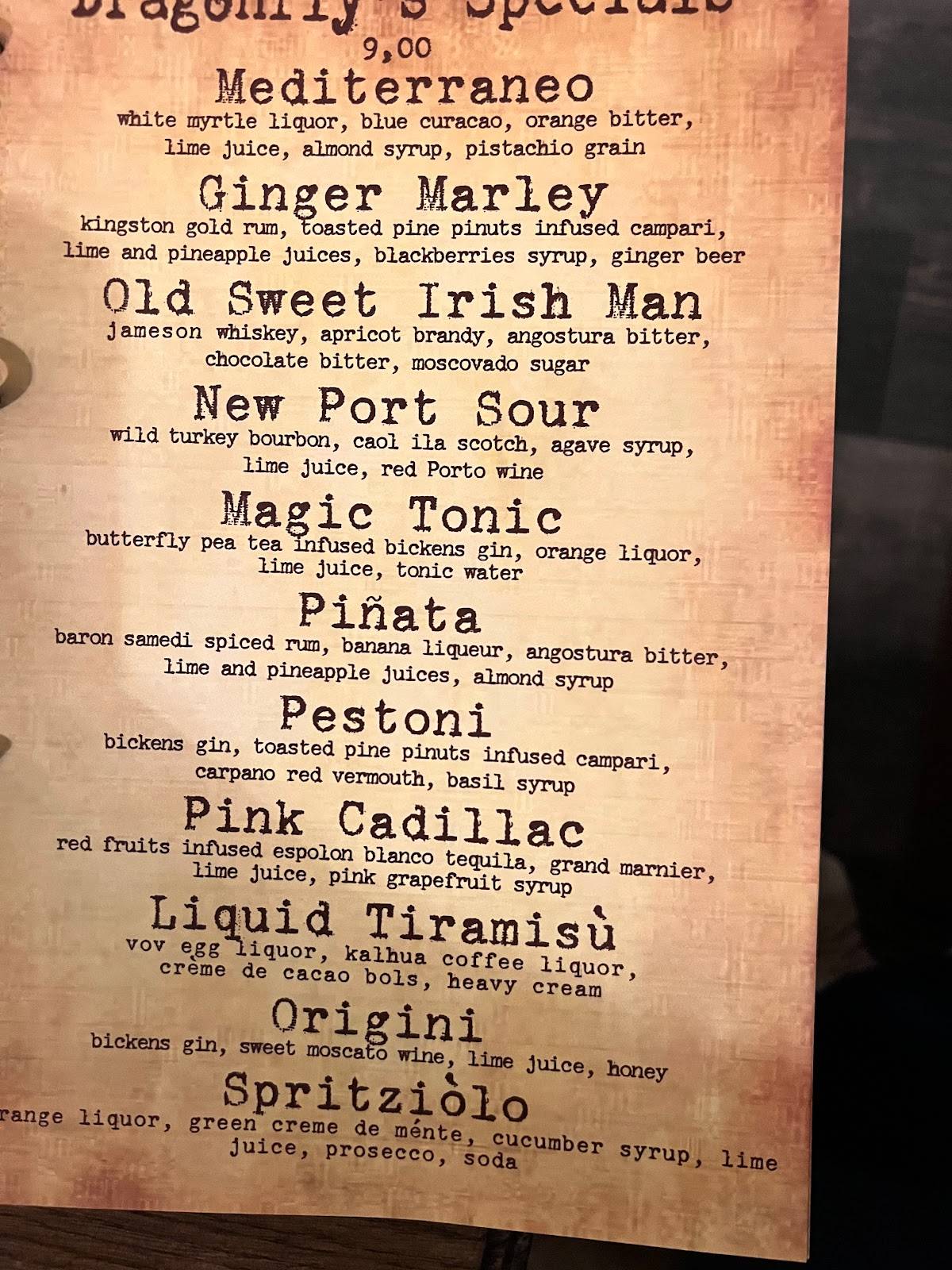 Menu di Pub Dragonfly 