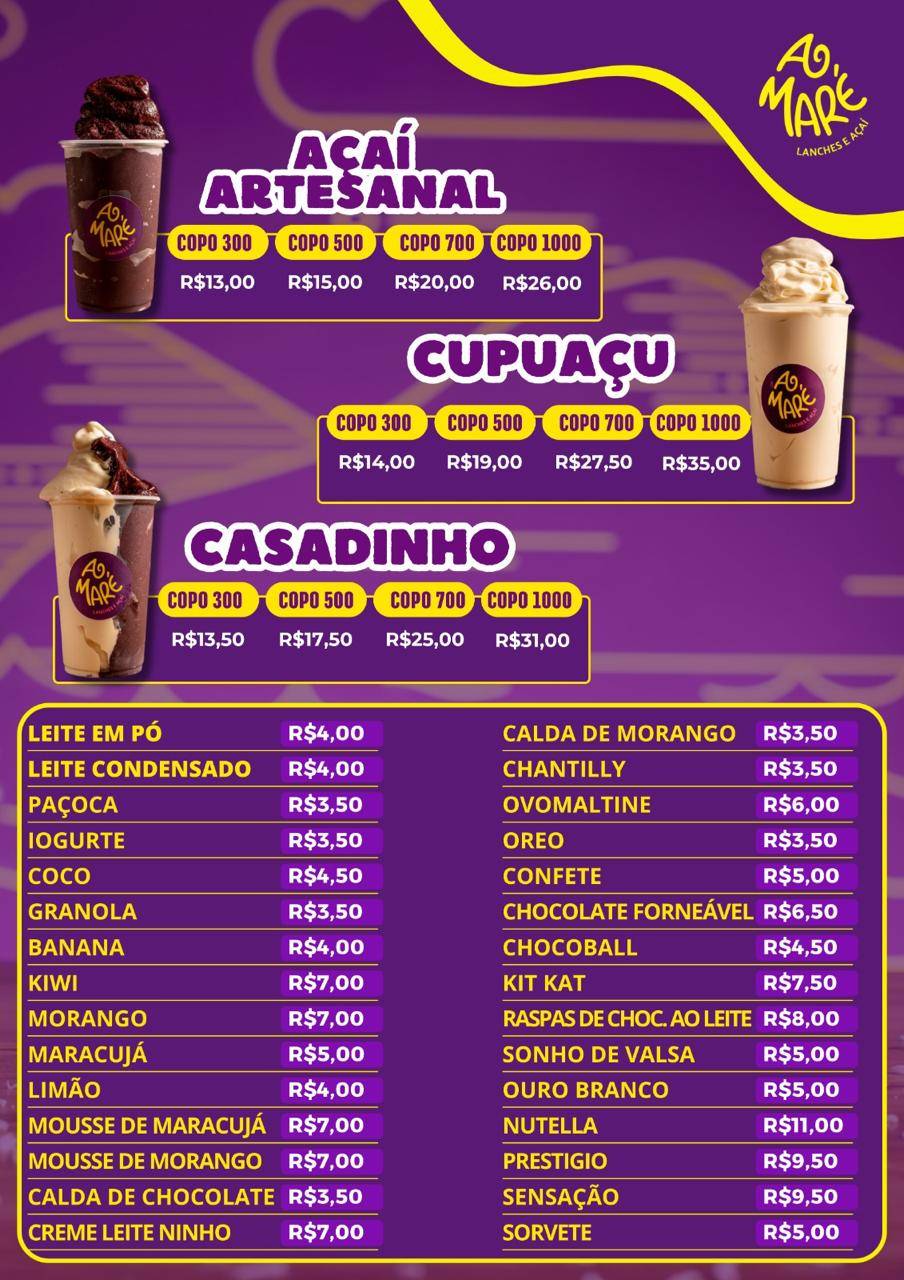 A Maré Lanches e Açaí cardápio