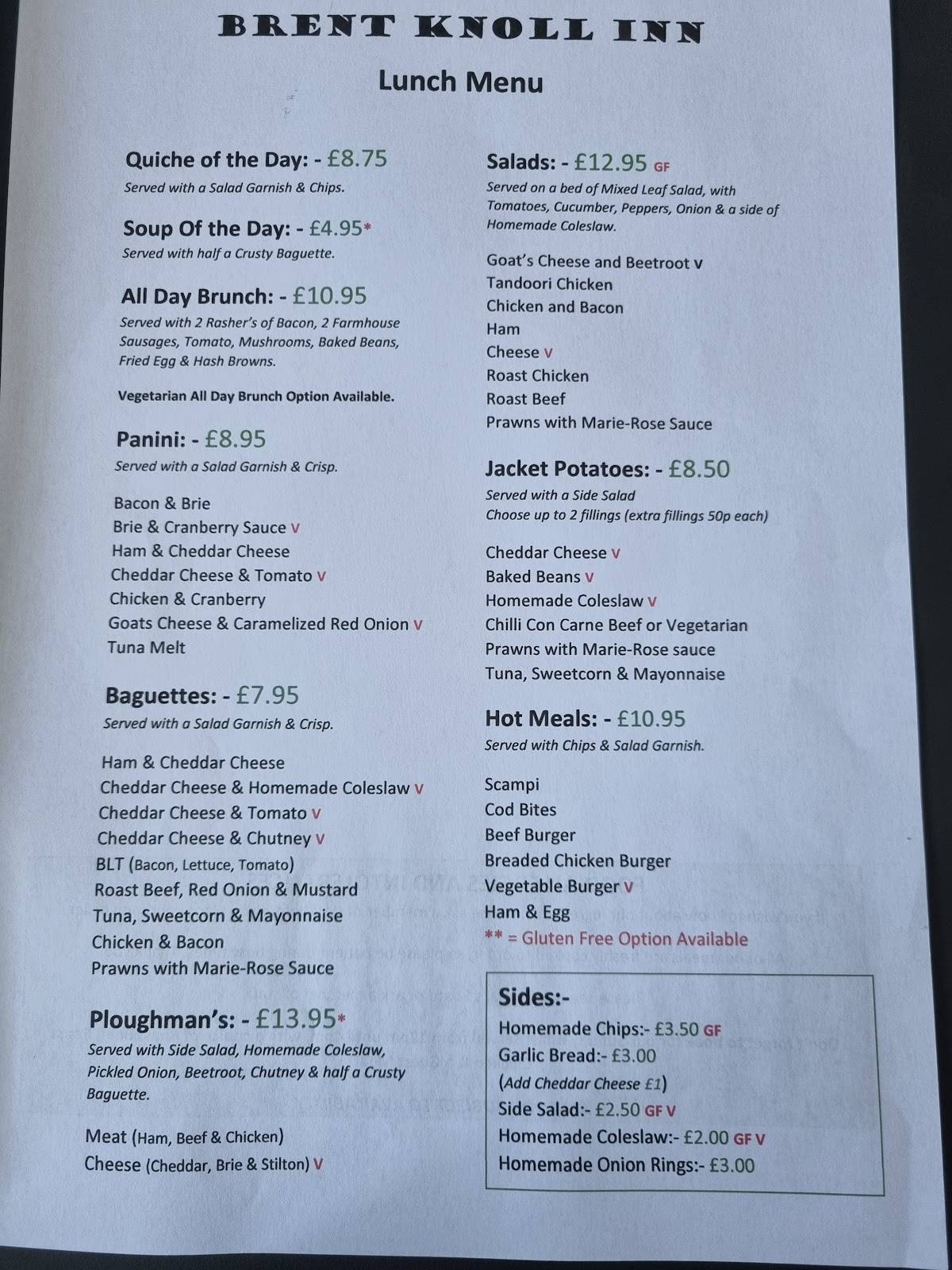 Menu at Brent Knoll Inn pub & bar, Brent Knoll, Brent Rd