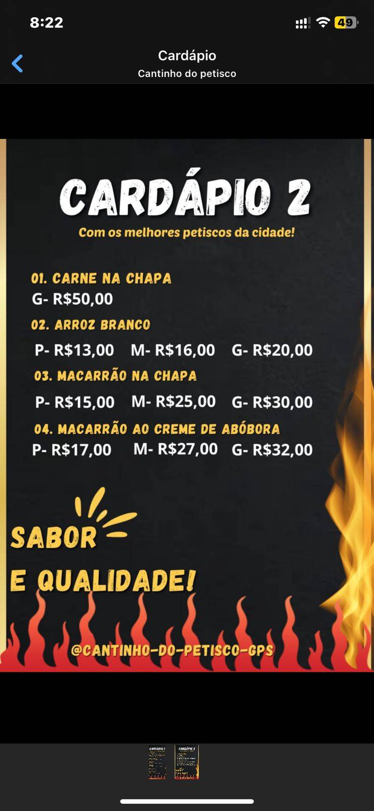 Cantinho do petisco cardápio