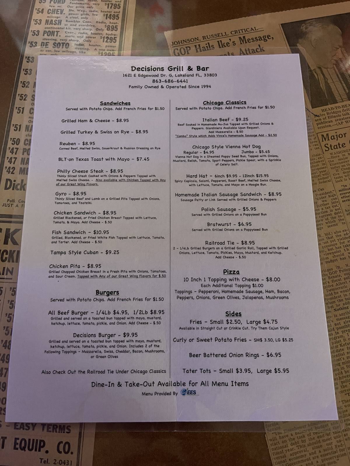 Menu at Decisions Grill & Bar, Lakeland, E Edgewood Dr G