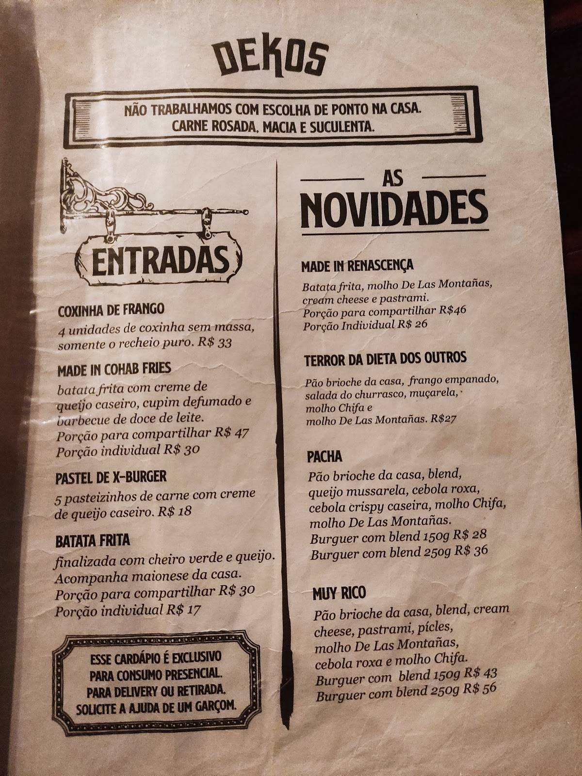 Dekos cardápio
