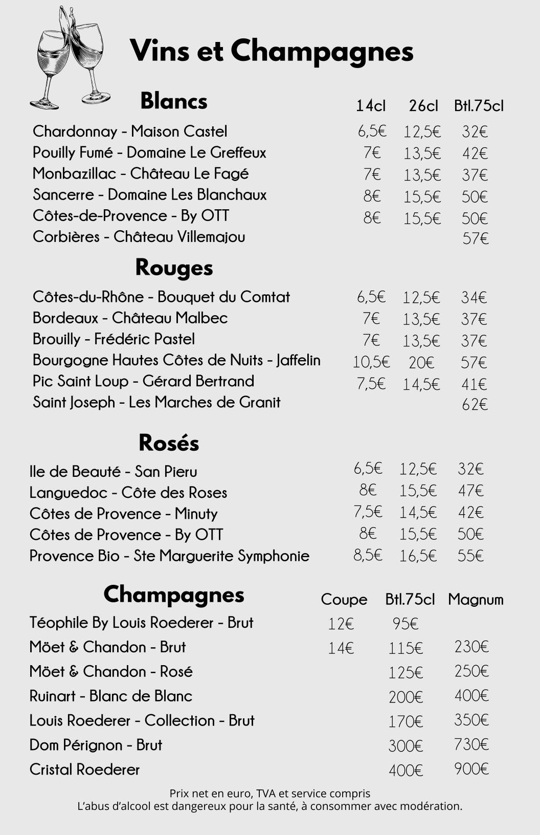 Menu de La Rêverie Bastille
