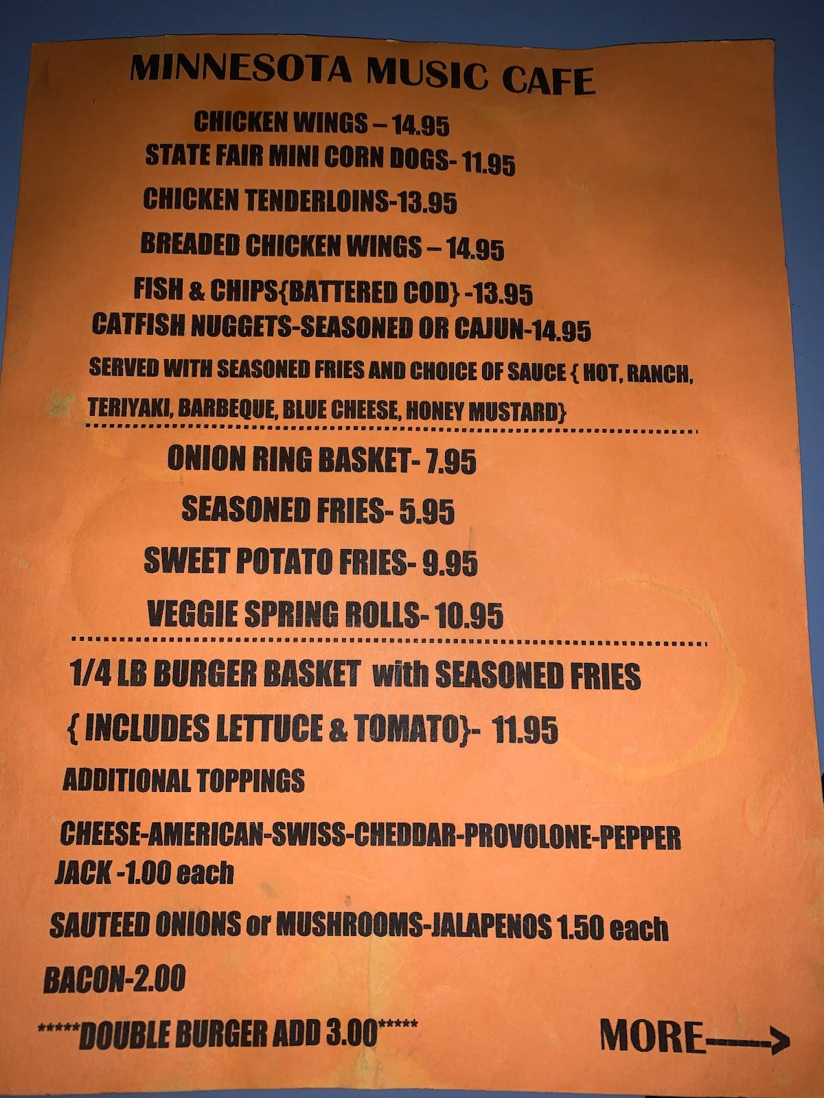 Menu at Minnesota Music Cafe, Saint Paul