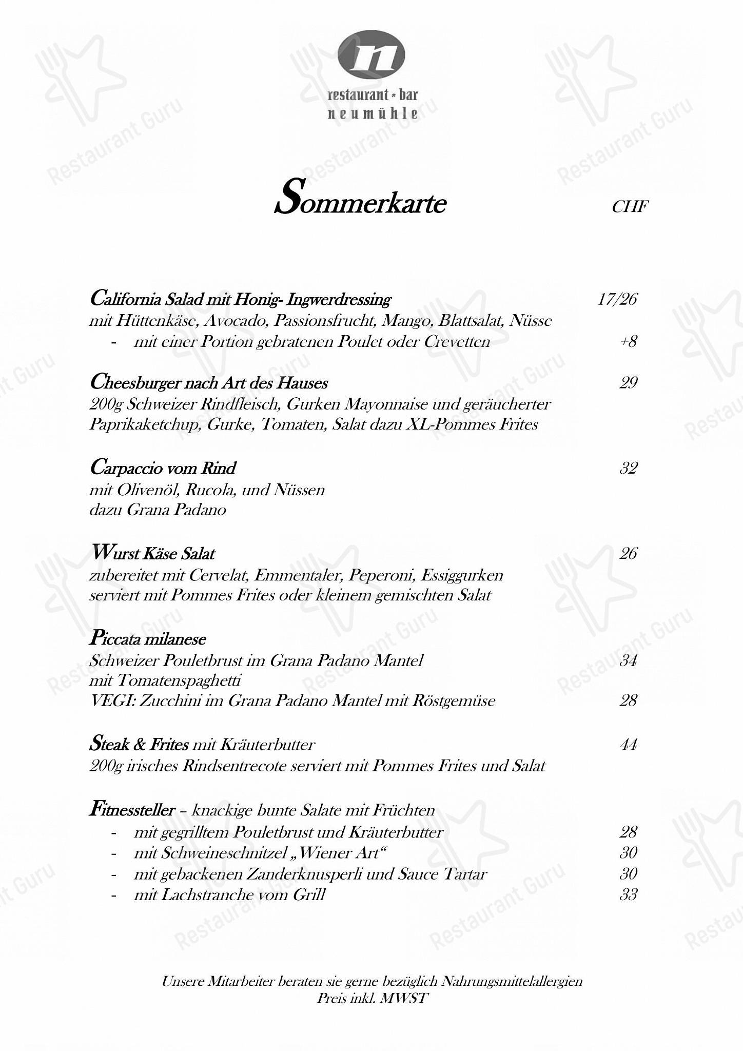 Carte menu per Neumühle in Baar