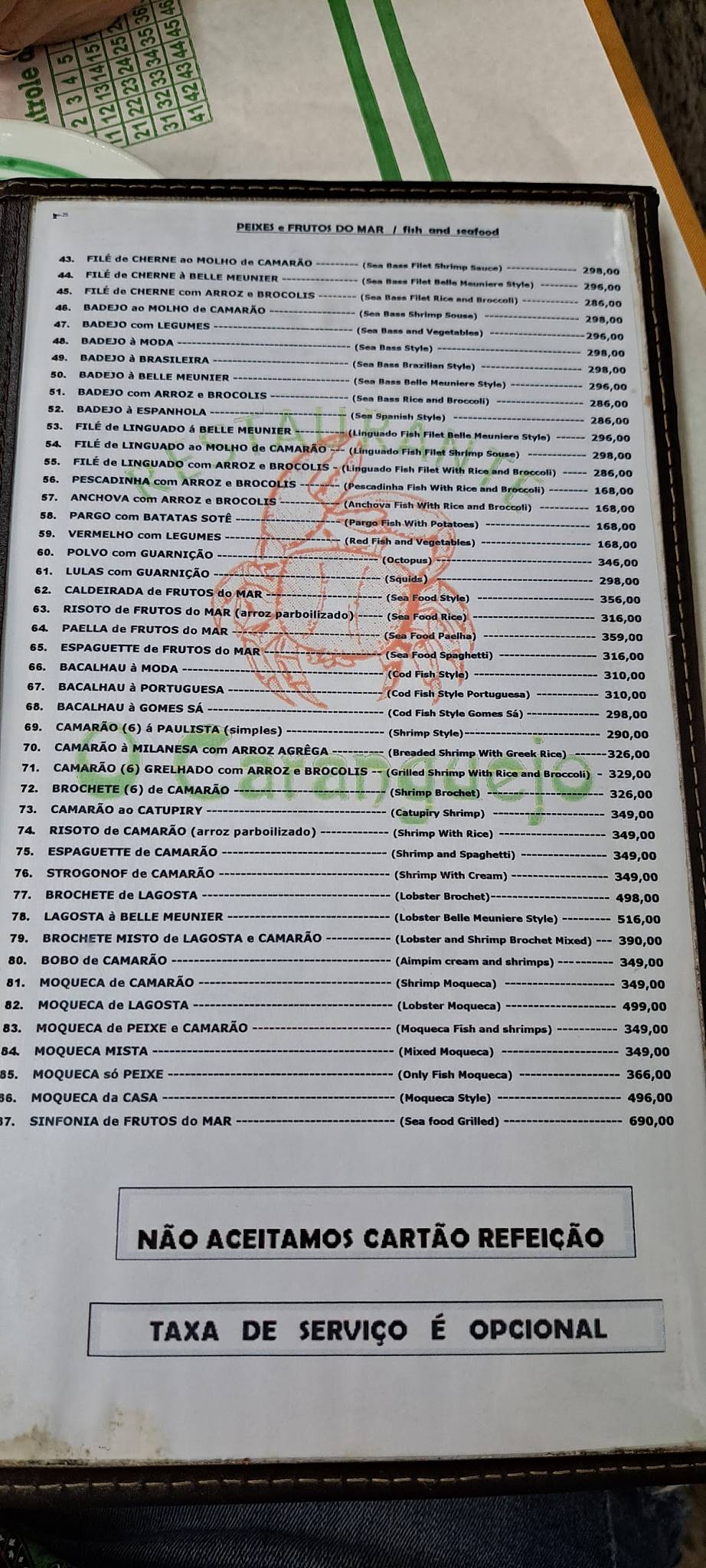 O Caranguejo cardápio