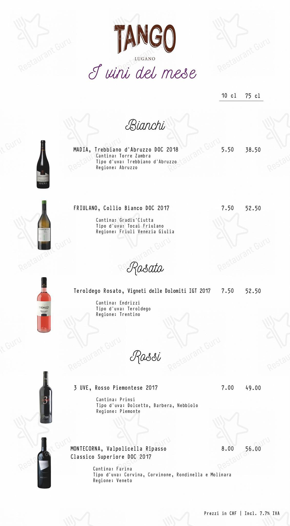 Drink menu per Ristorante Tango in Lugano