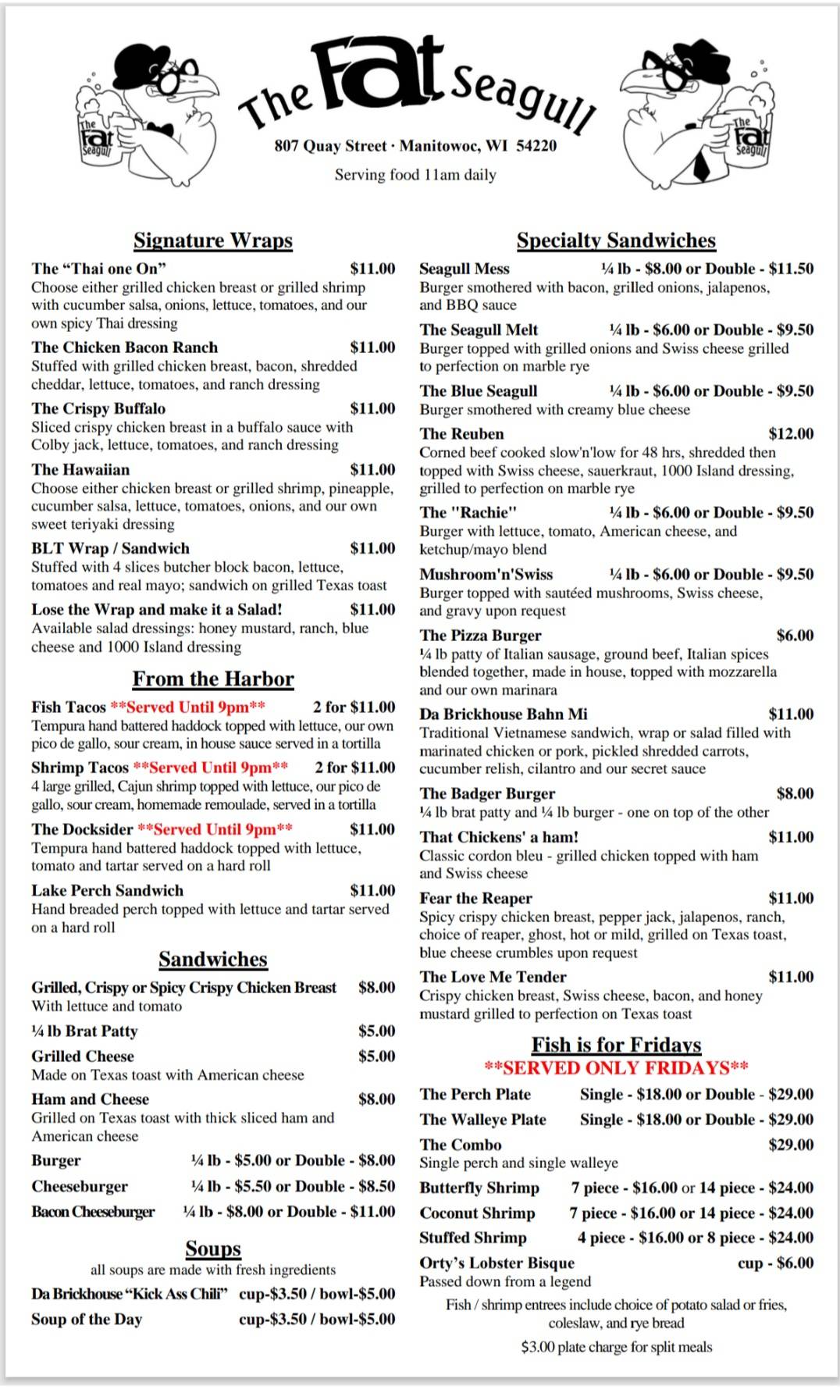 Menu at The Fat Seagull pub &amp; bar, Manitowoc