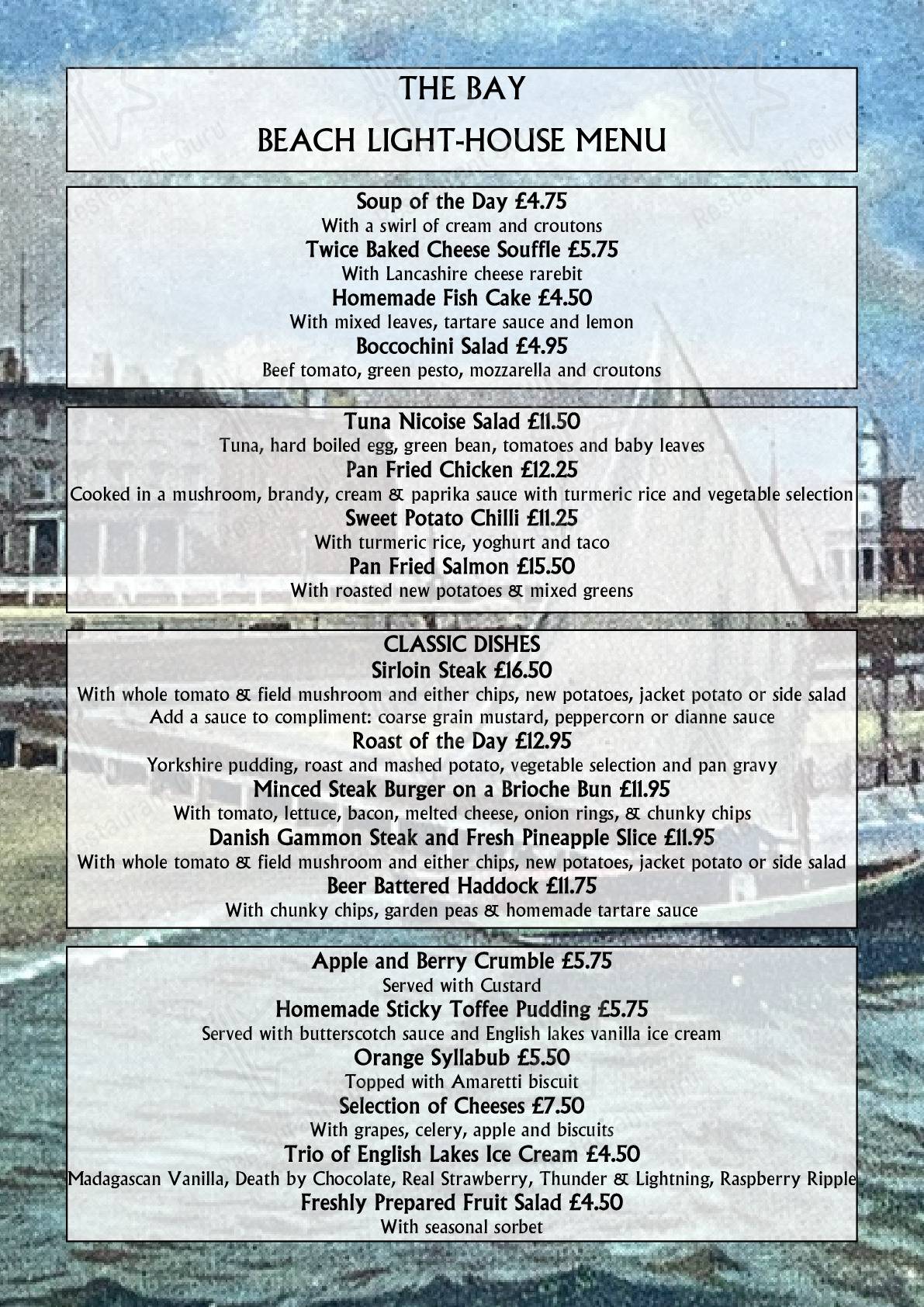 Menu at THE BAY at the North Euston Hotel restaurant, Fleetwood