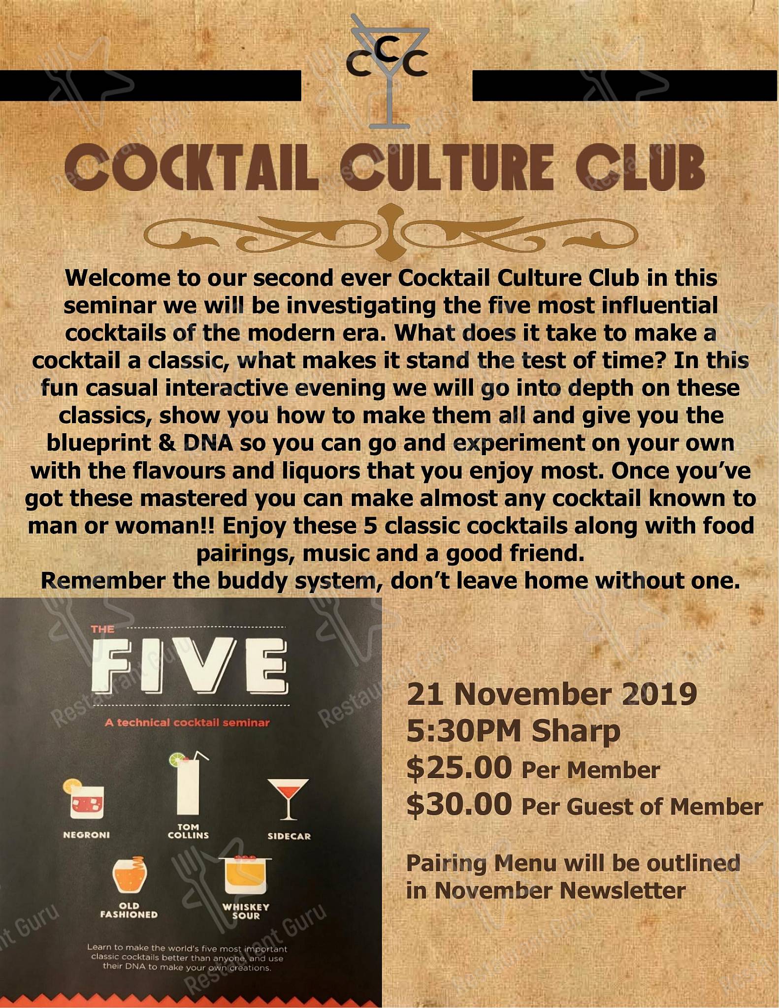Table Menu pour University Club of Victoria pub et bar