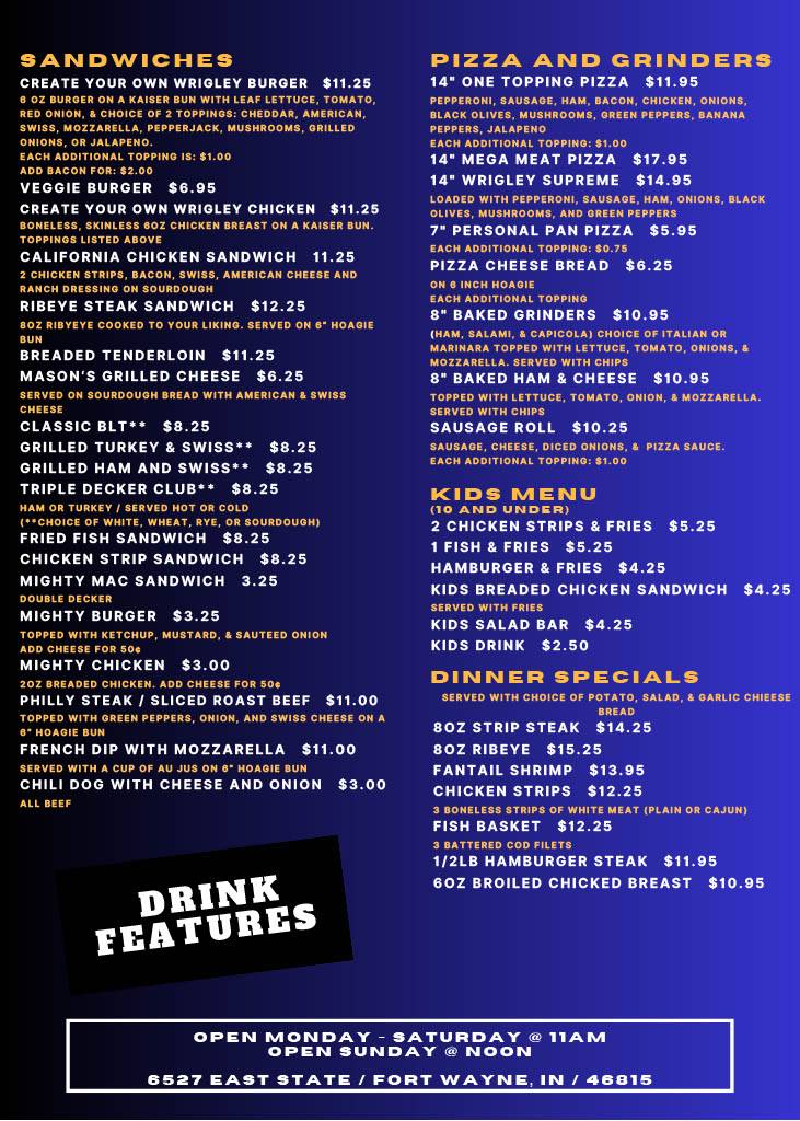 Menu at Wrigley Field Bar & Grill, Fort Wayne