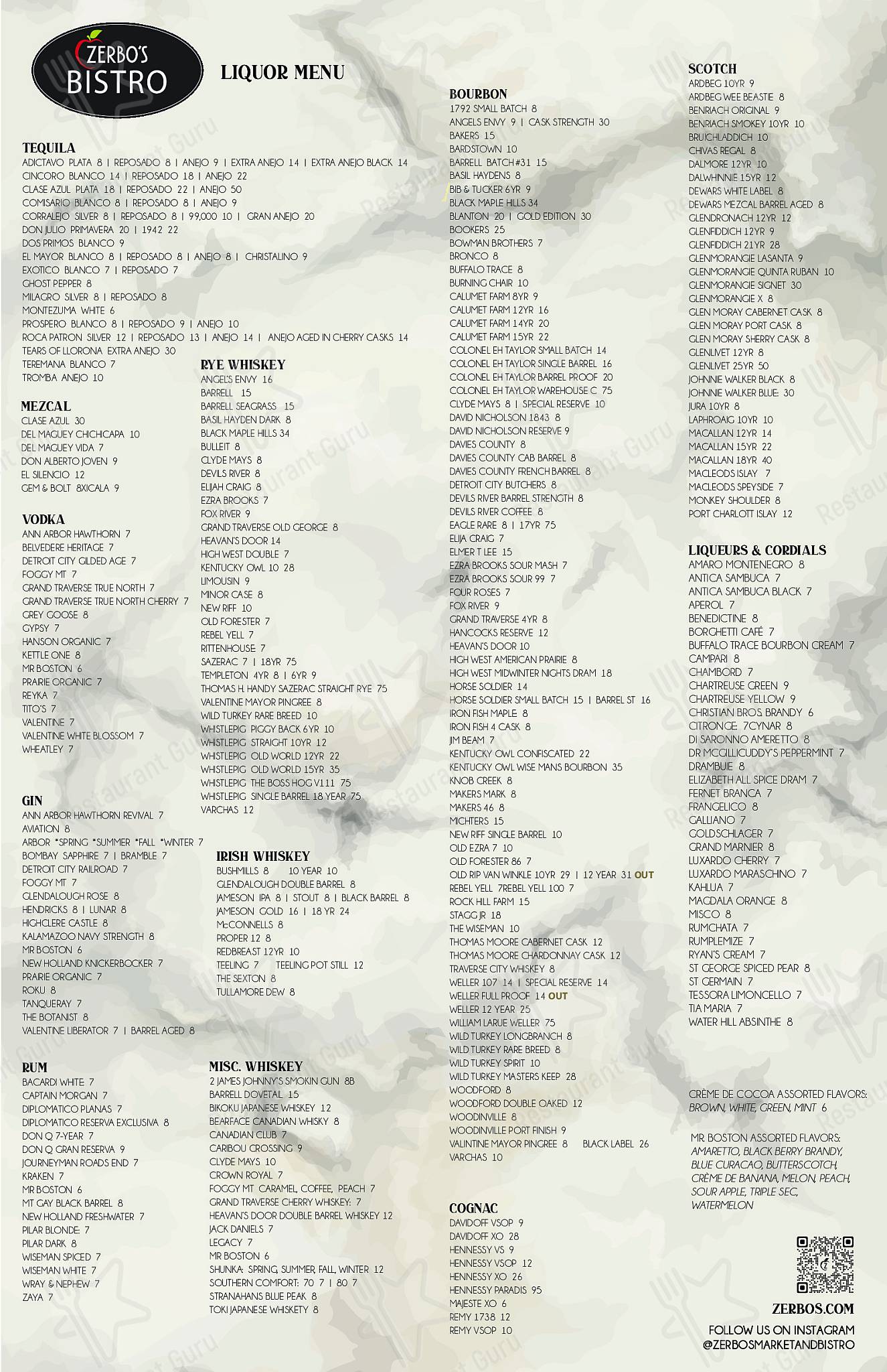 Menu at Zerbo’s Market & Bistro pub & bar, Commerce Charter Township