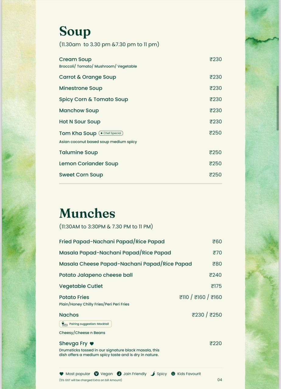 Green Signal Veg menu