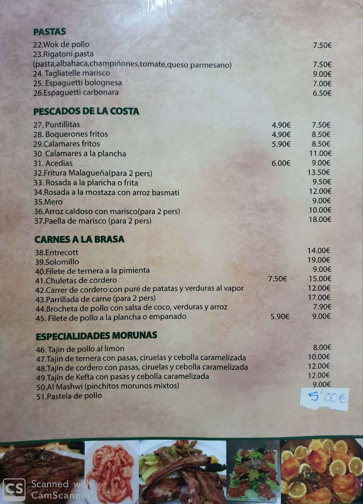 Menu at Puticlub, San Pedro de Alcántara