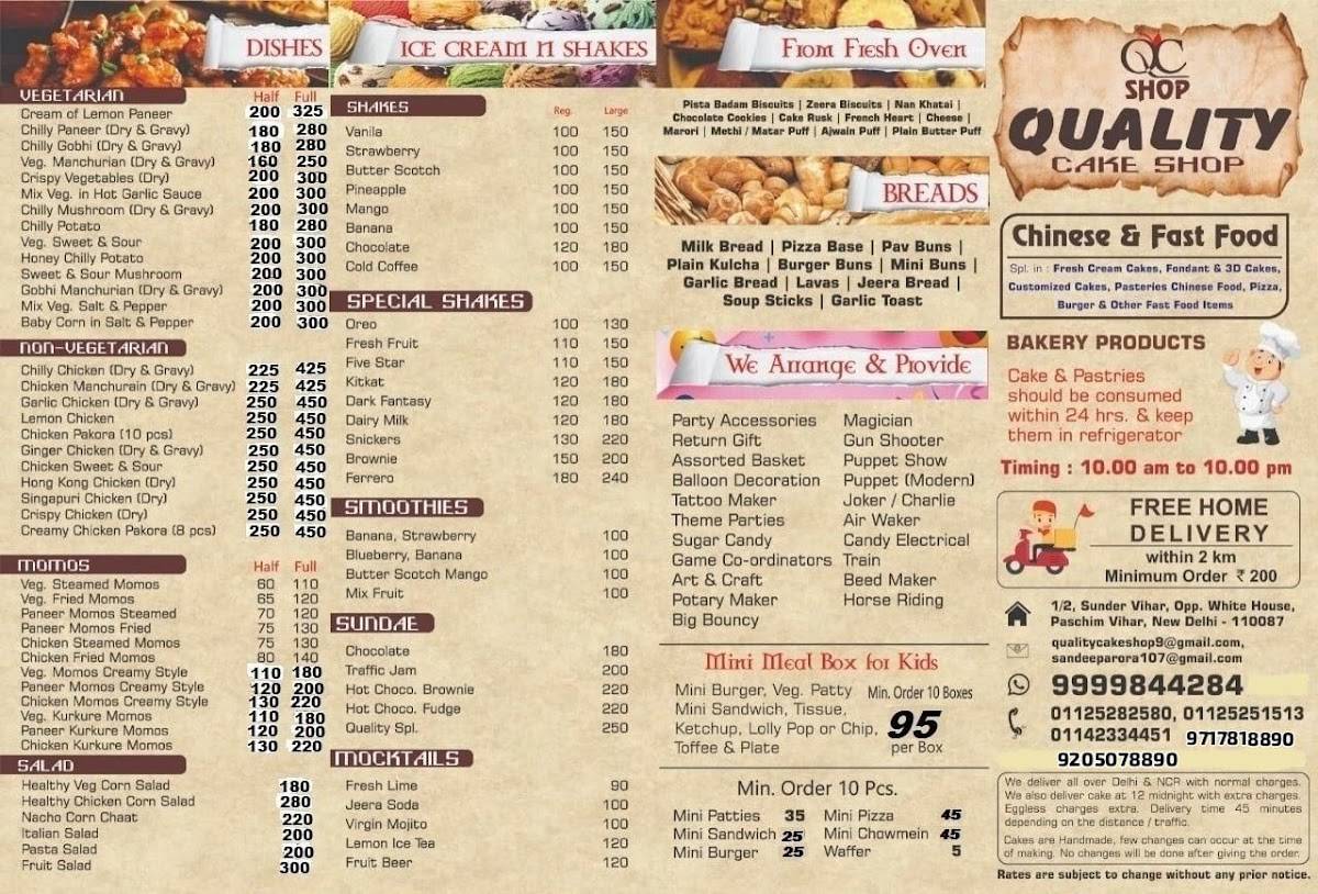 Quality Cake Shop menu