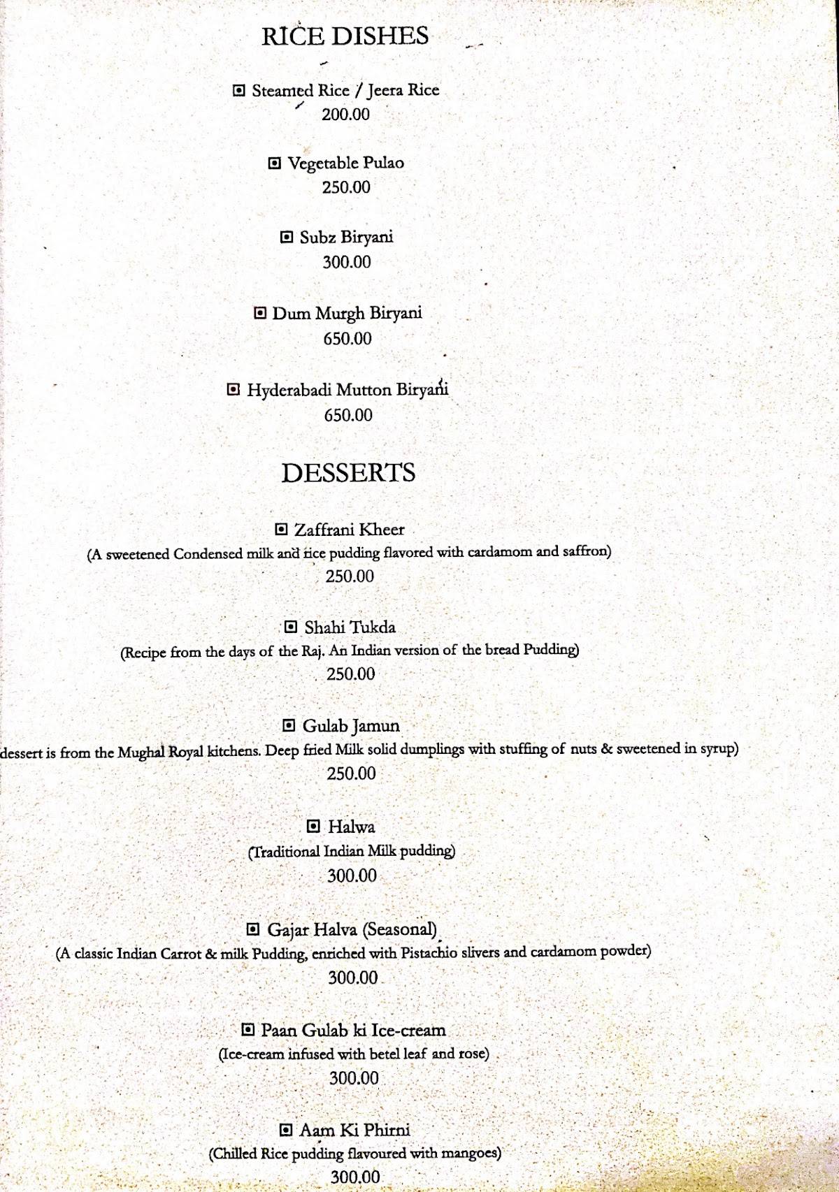 Rasa Restaurant menu