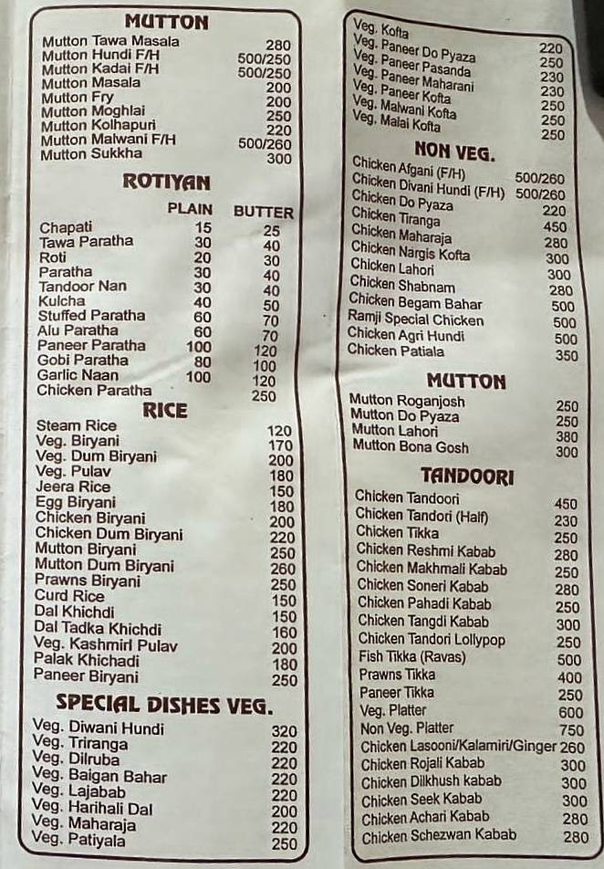 Ramji Restaurant and Bar menu