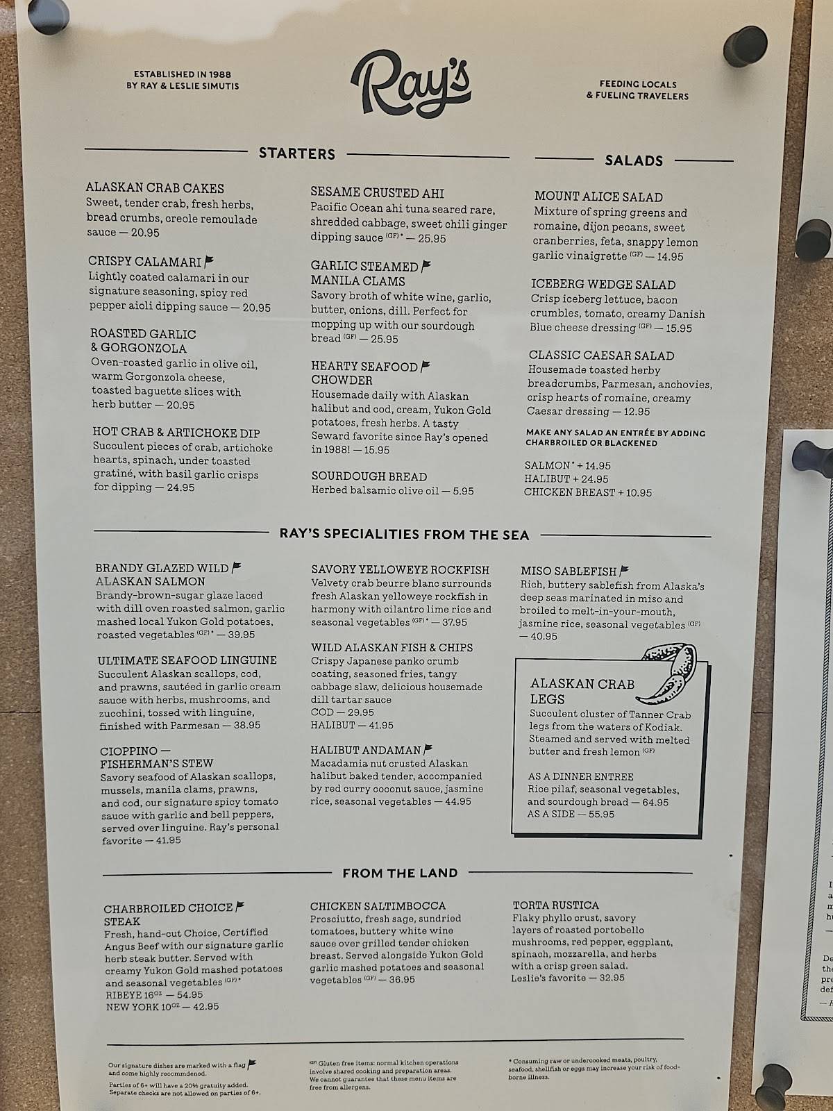 Menu at Ray's Waterfront steakhouse, Seward