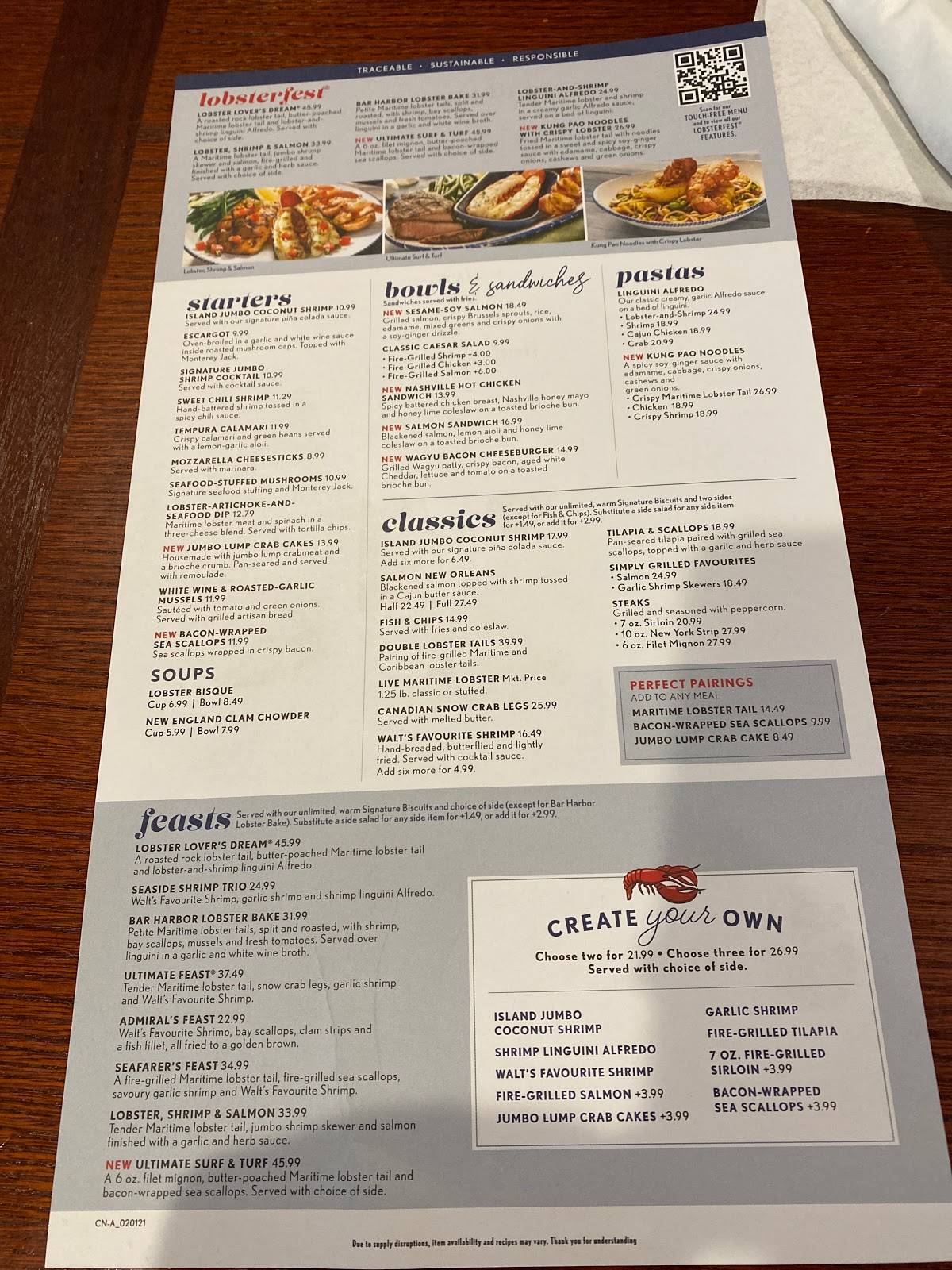 Menu at Red Lobster restaurant, Niagara Falls