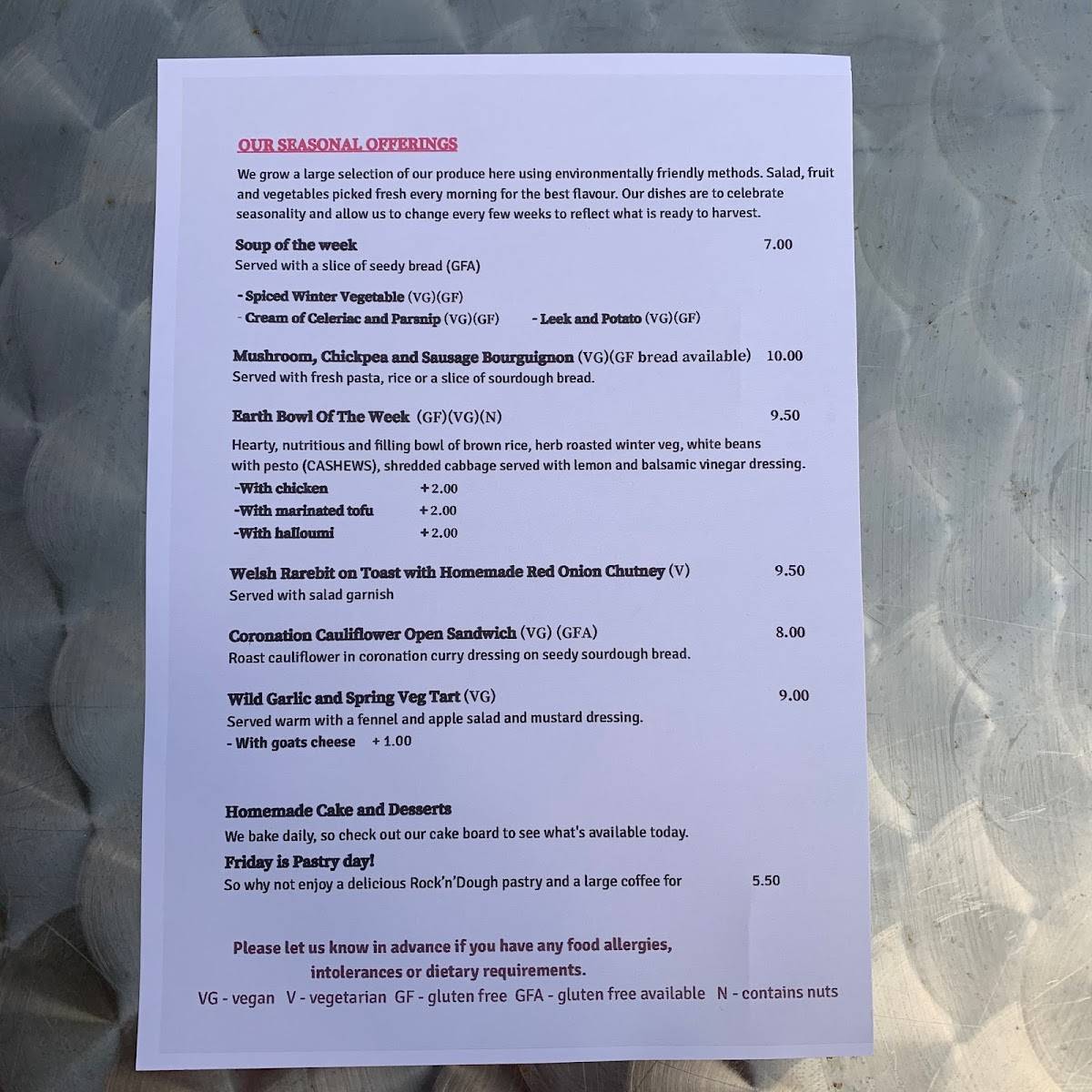 Menu at Red Onion Garden Cafe, Fishguard, Glasfryn Farm