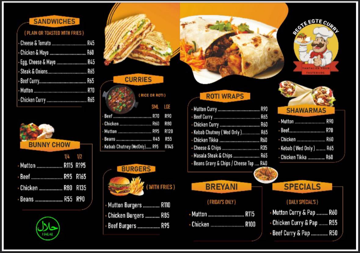 Menu de Regte Egte Curry - (Westcoast Village Shopping Centre Overflow Parking)