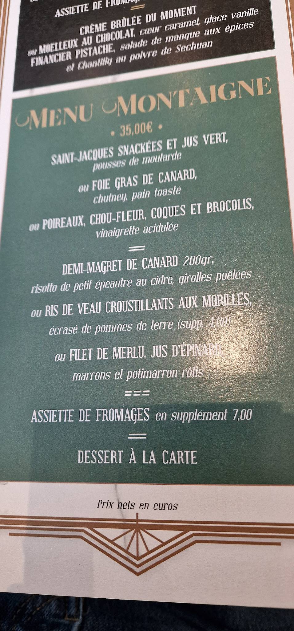 Menu de La Parisienne