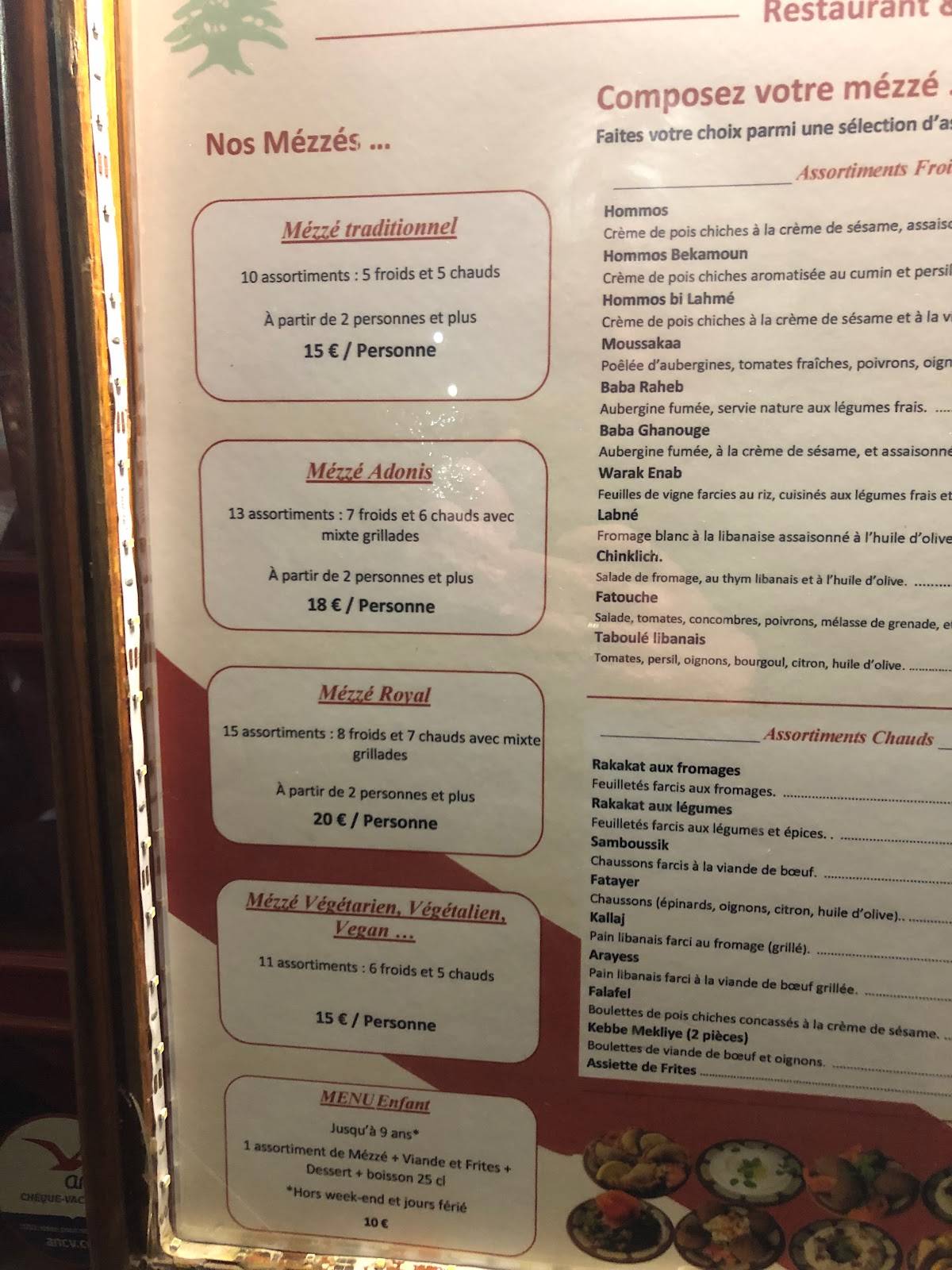 Menu de Restaurant et traiteur Libanais Adonis