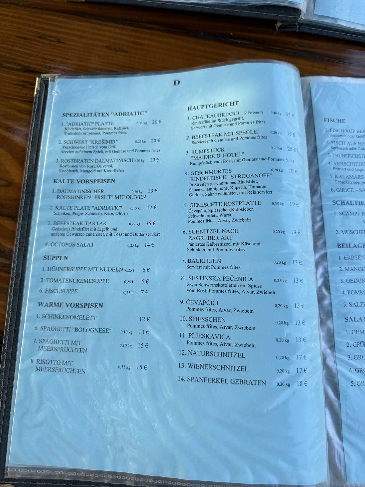 Menu di Restaurant Adriatic 