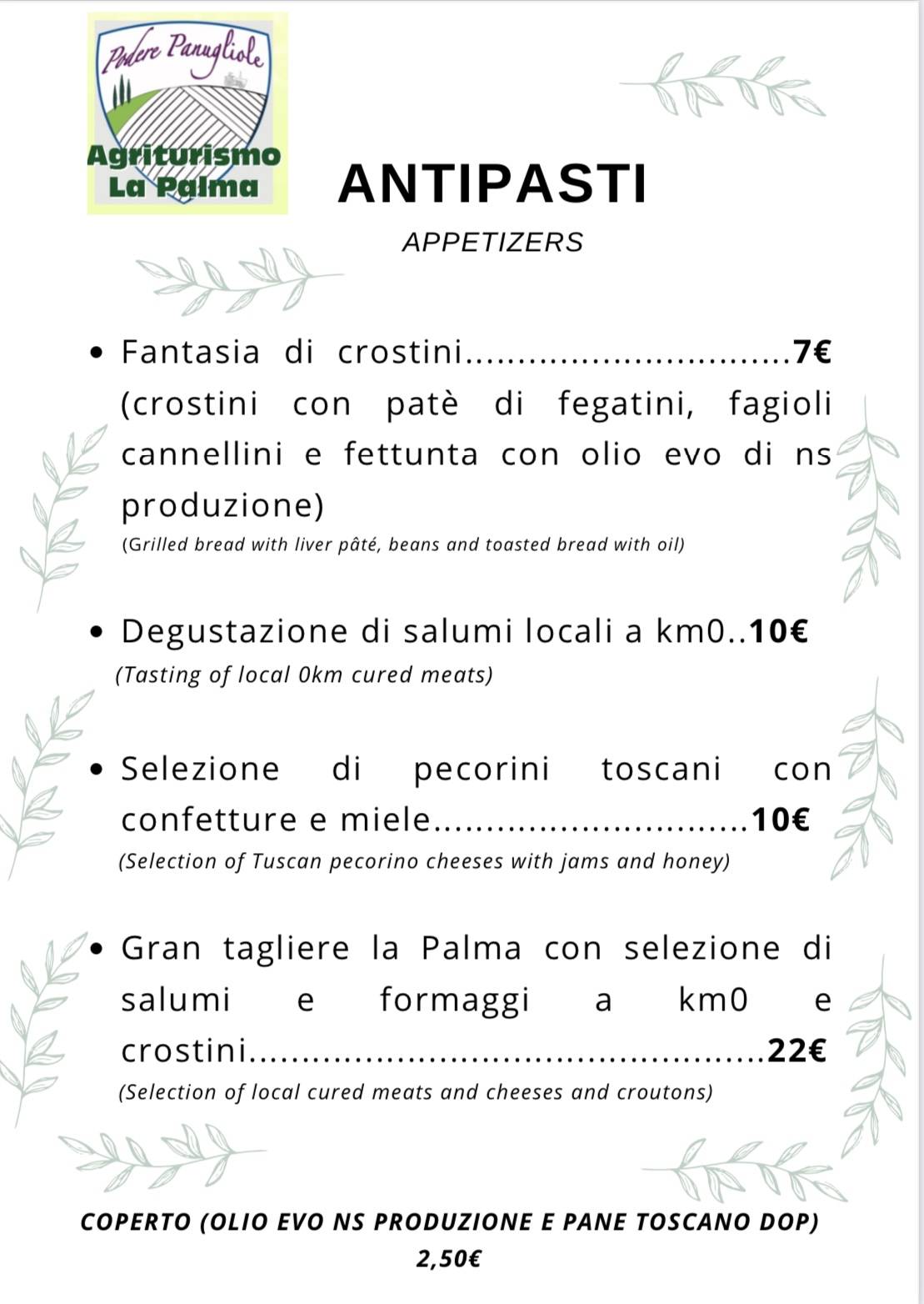 Menu di Agriturismo La Palma Ristorante Pernottamento 