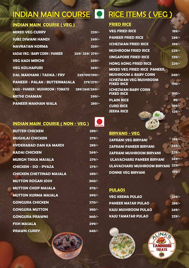 Alina's Tandoori Treats menu