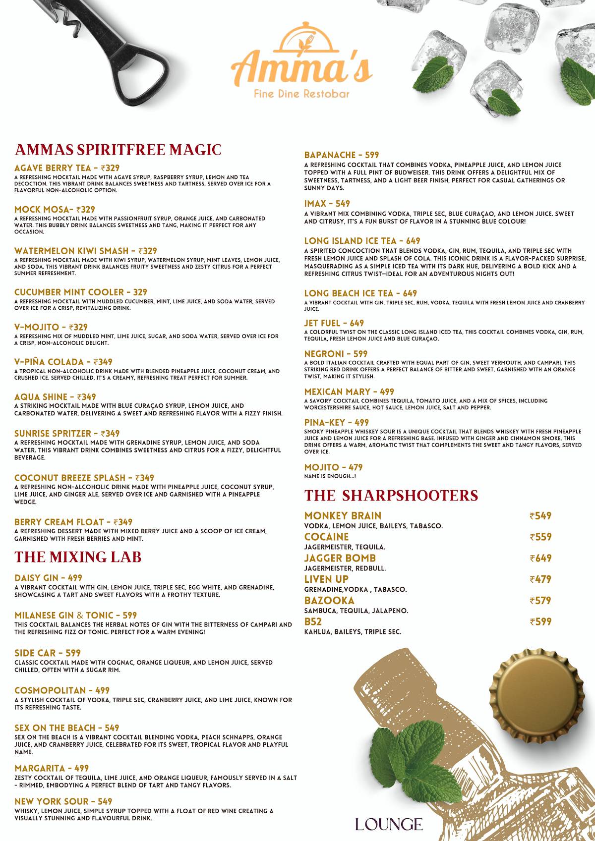 Amma's Resto and bar menu