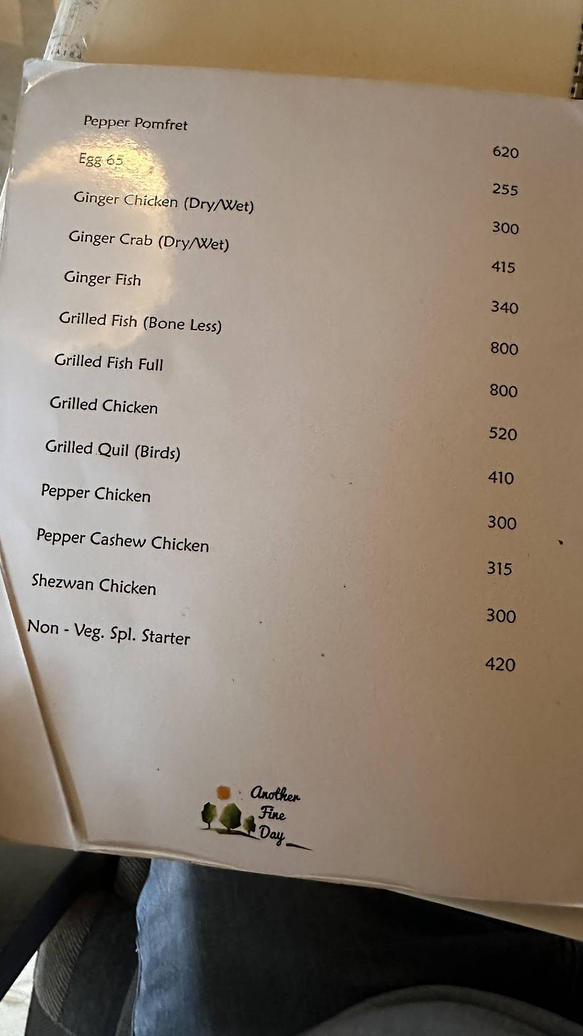 Another fine day menu