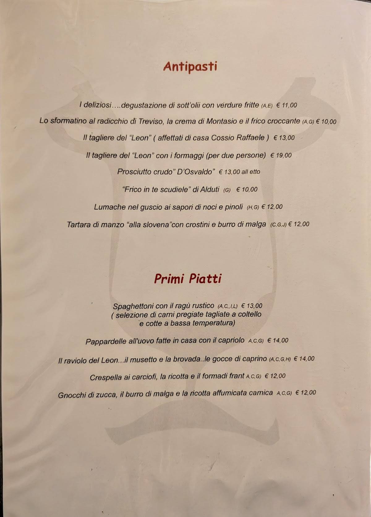 Menu di Antico Leon d'Oro 