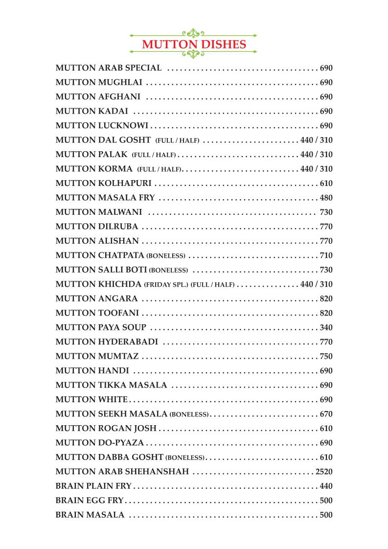 Arab Restaurant menu