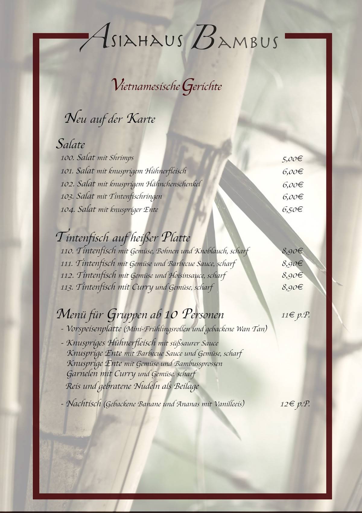 Speisekarte von Asiahaus Bambus restaurant, Michelau in Oberfranken