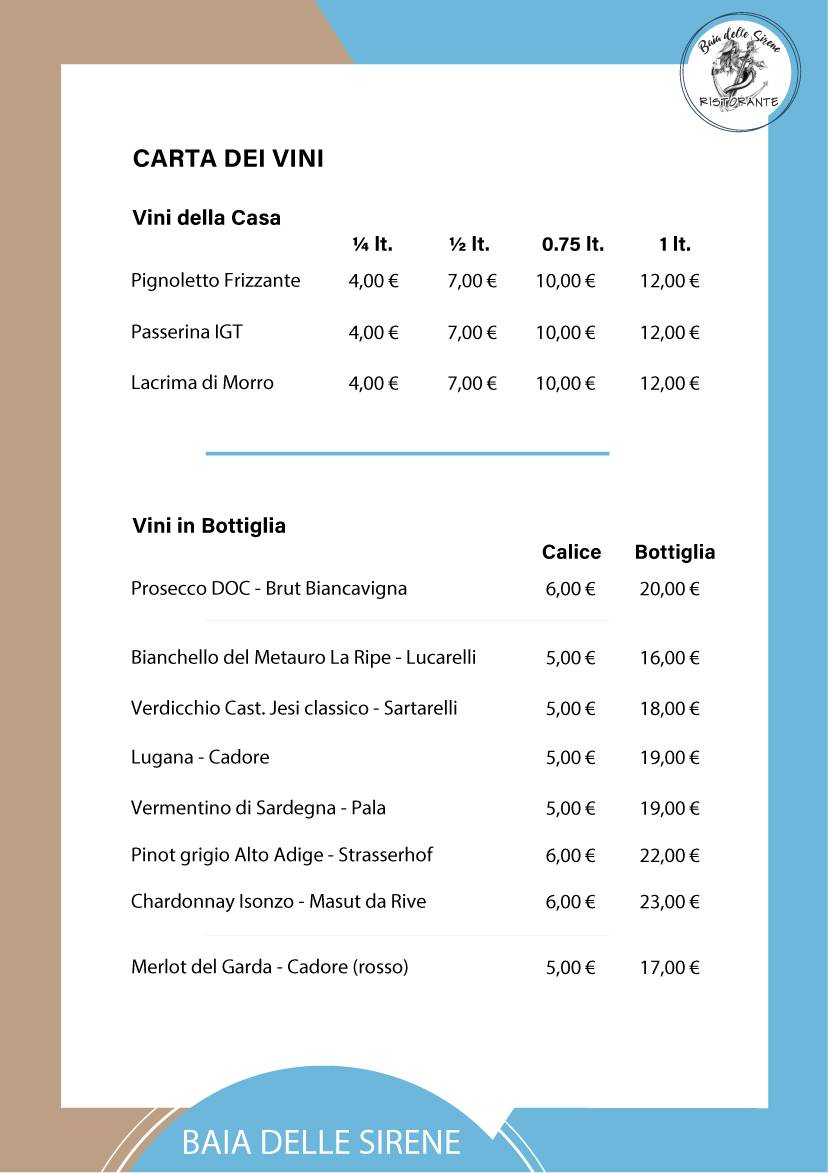 Menu di Baia delle Sirene Pesaro 