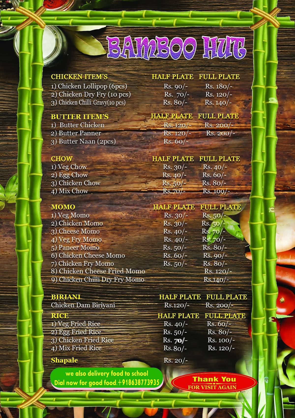 Menu at Bamboo Hut, Dudhnoi
