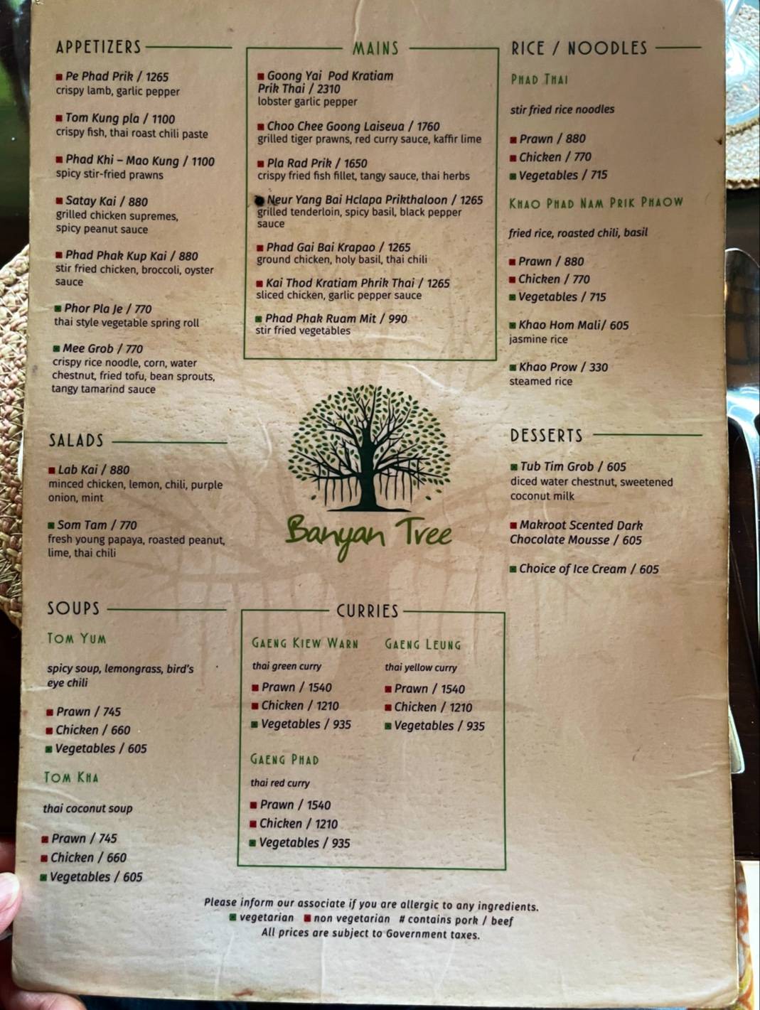 Banyan Tree Restaurant menu