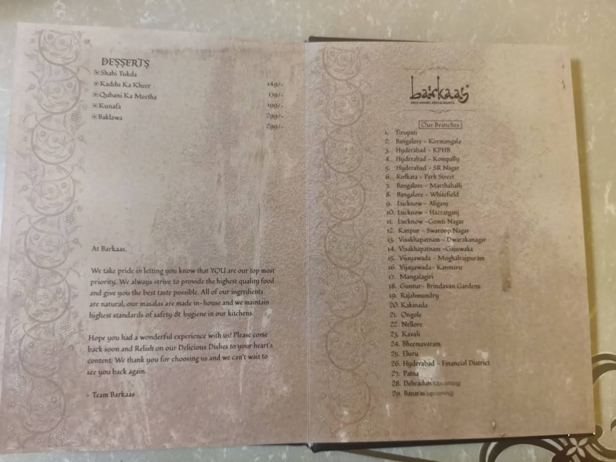 Barkaas Indo Arabic Restaurant menu