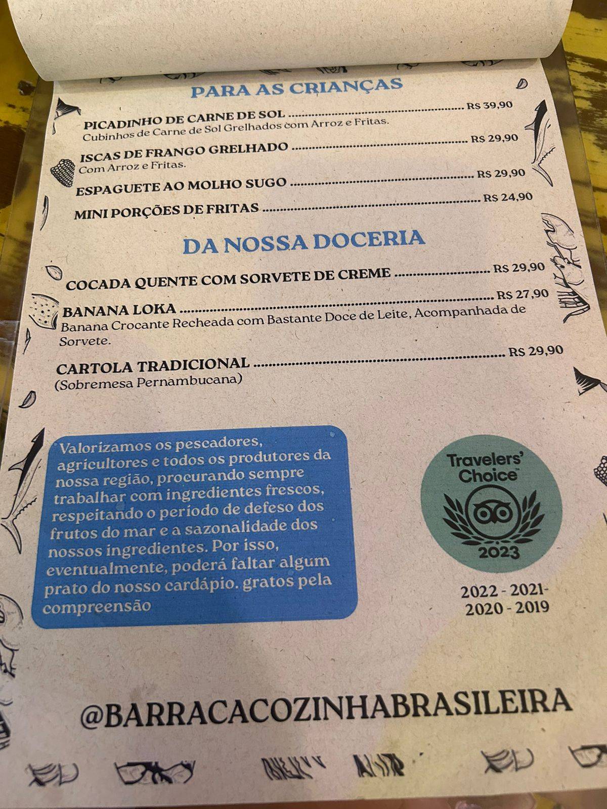 Barraca cardápio