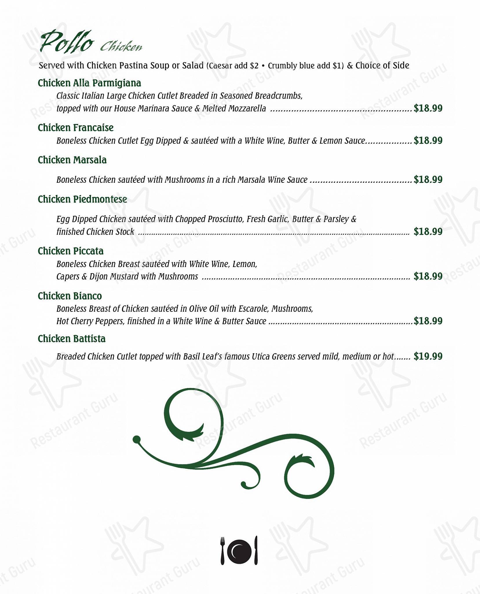 Menu at Basil Leaf restaurant, North Syracuse