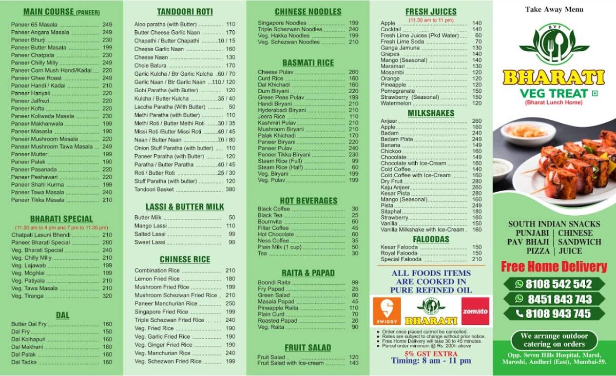 Bharati veg treat marol menu
