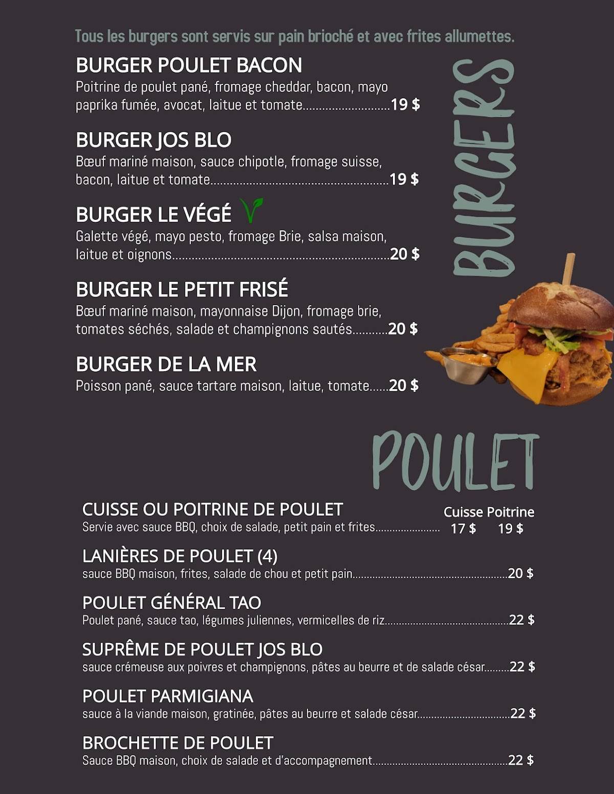 Menu au Restaurant Bistro Jos Blo, LacEtchemin