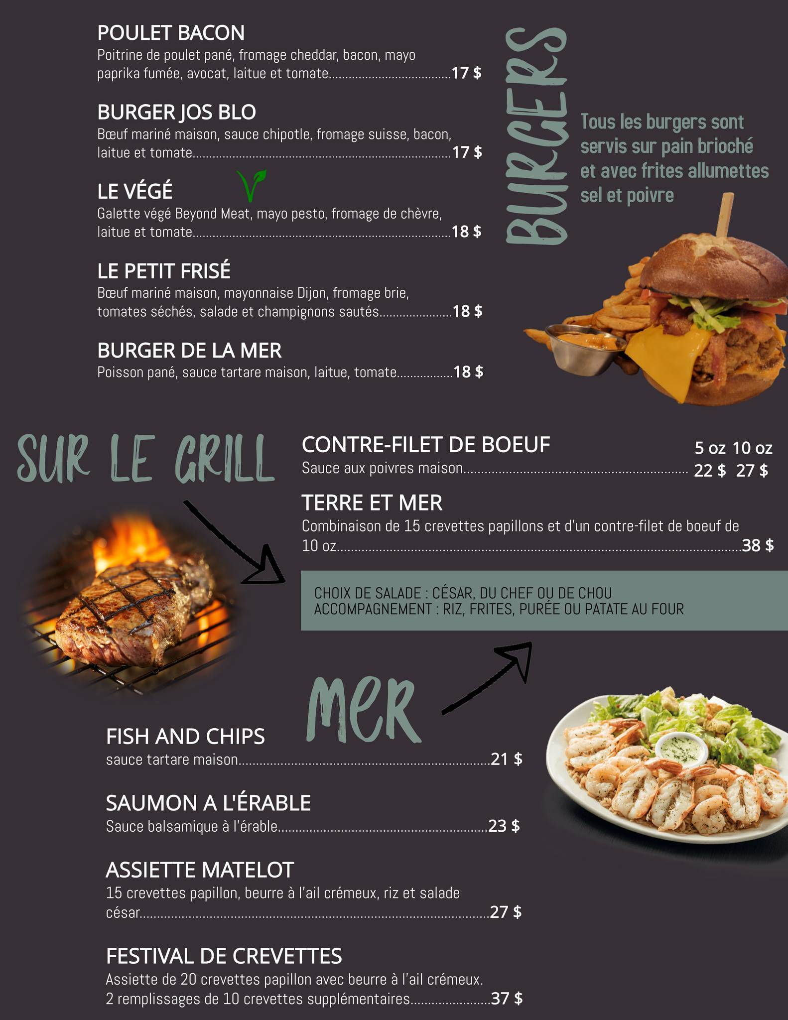 Menu au Restaurant Bistro Jos Blo, LacEtchemin