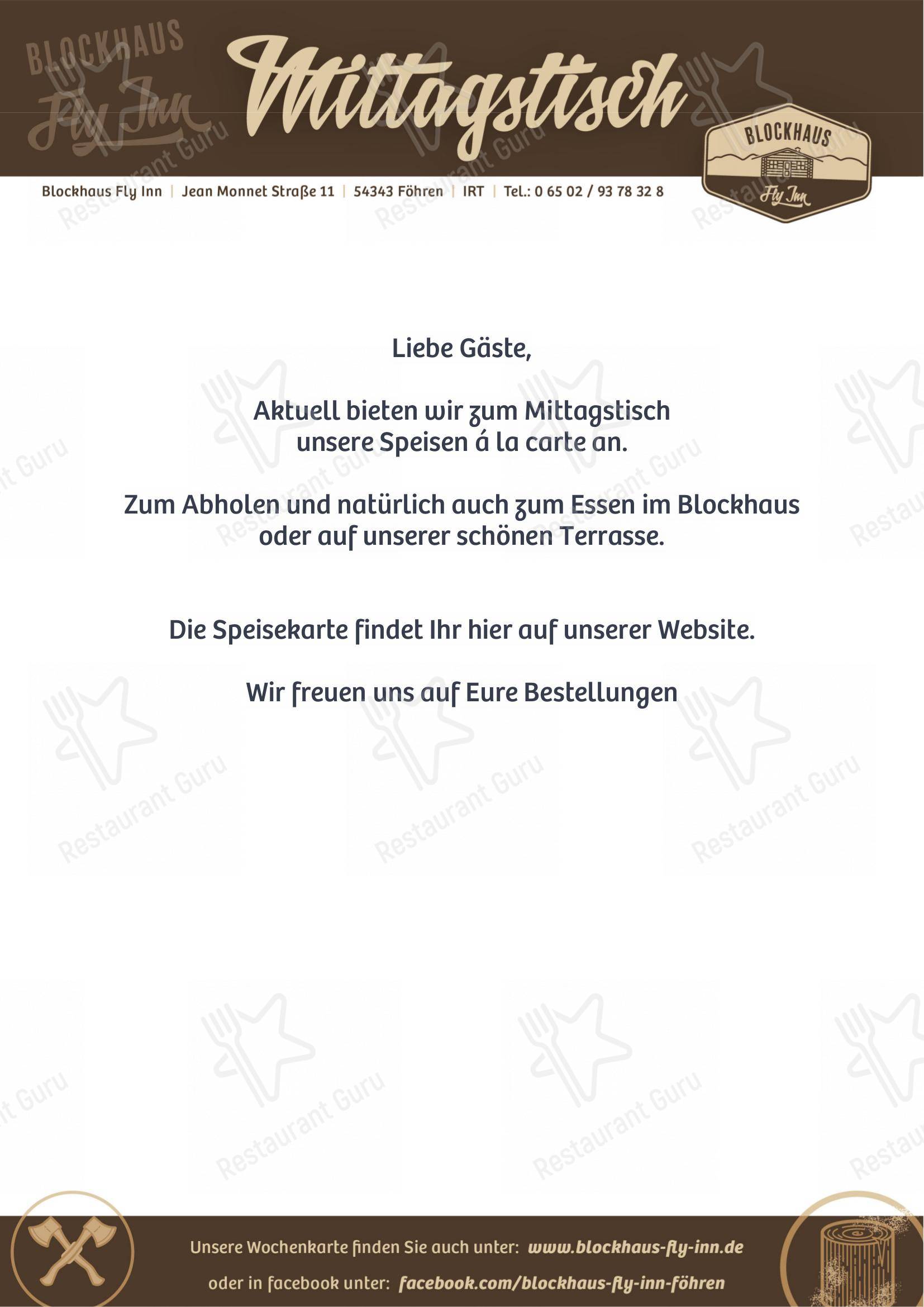 Speisekarte von Restaurant Blockhaus-Fly-Inn, Föhren