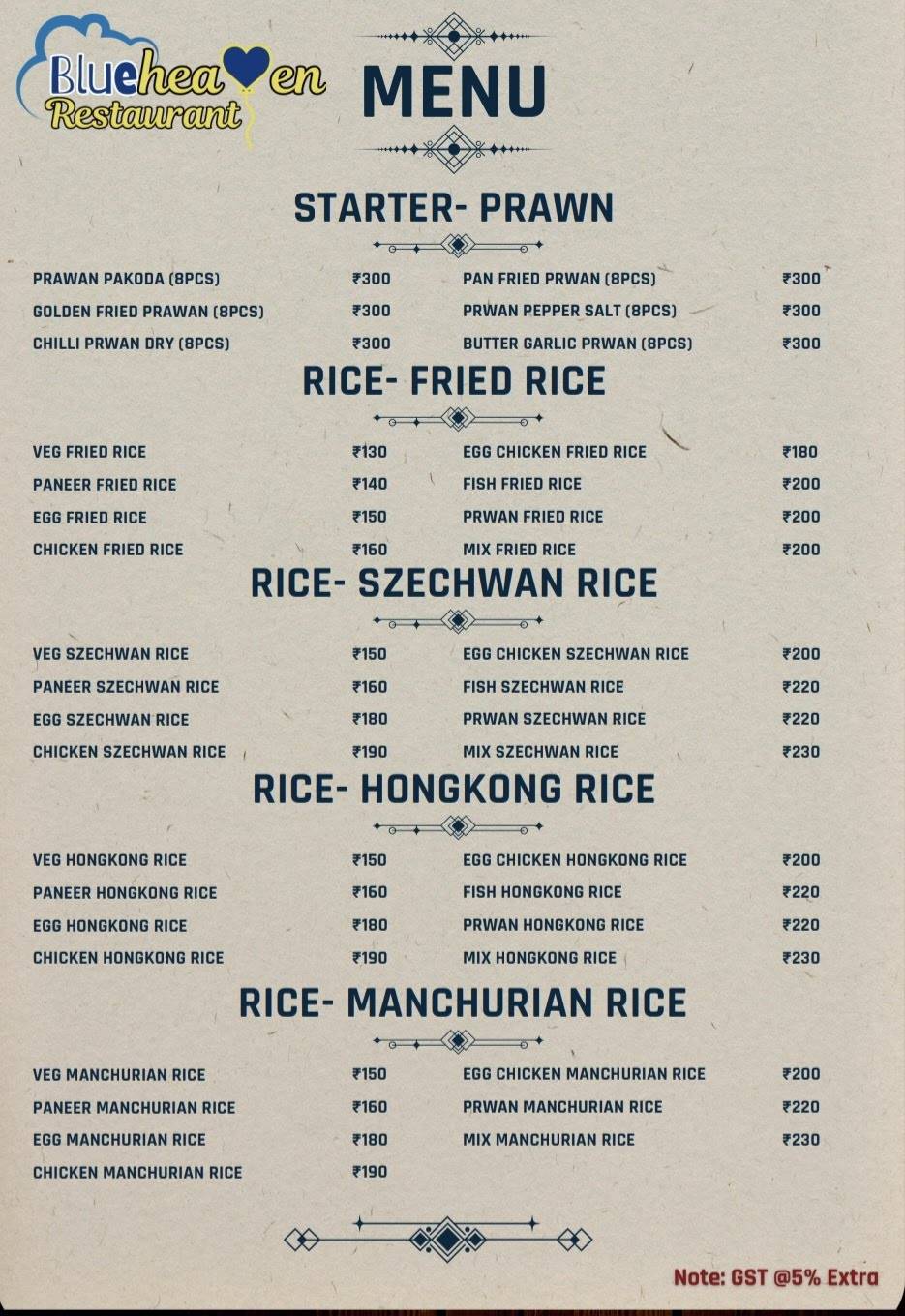 Blue Heaven Restaurant menu