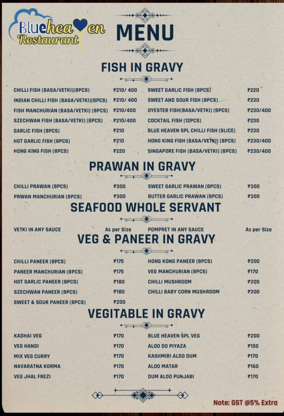 Blue Heaven Restaurant menu