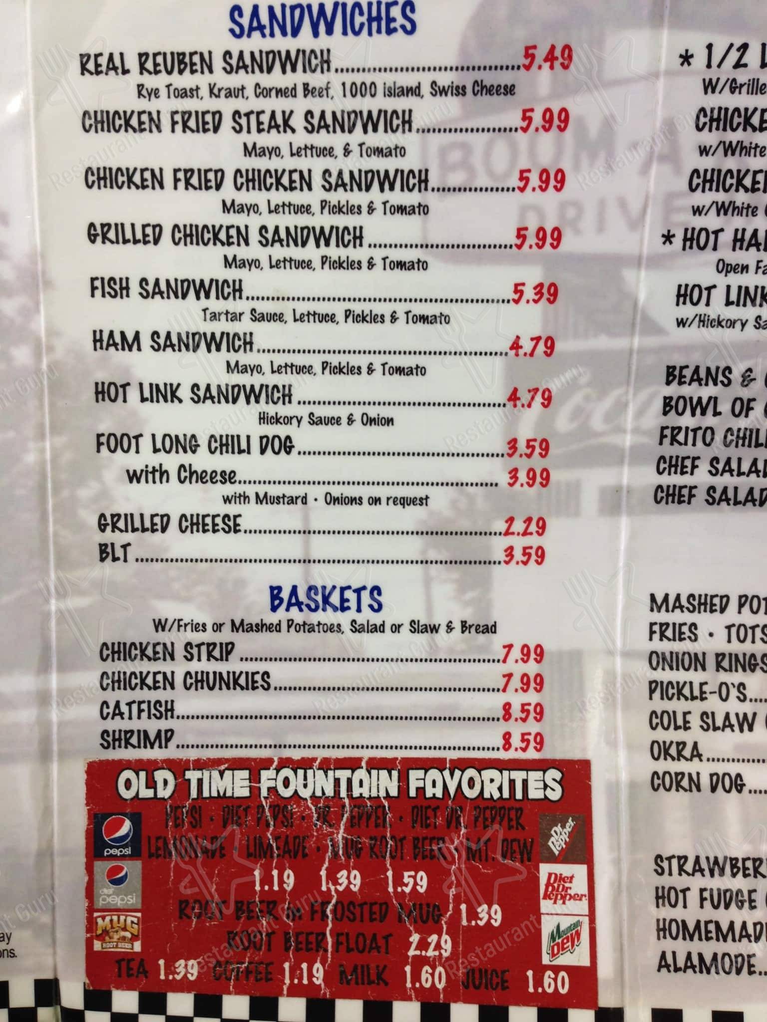 Menu at Boomarang Diner restaurant, Ada