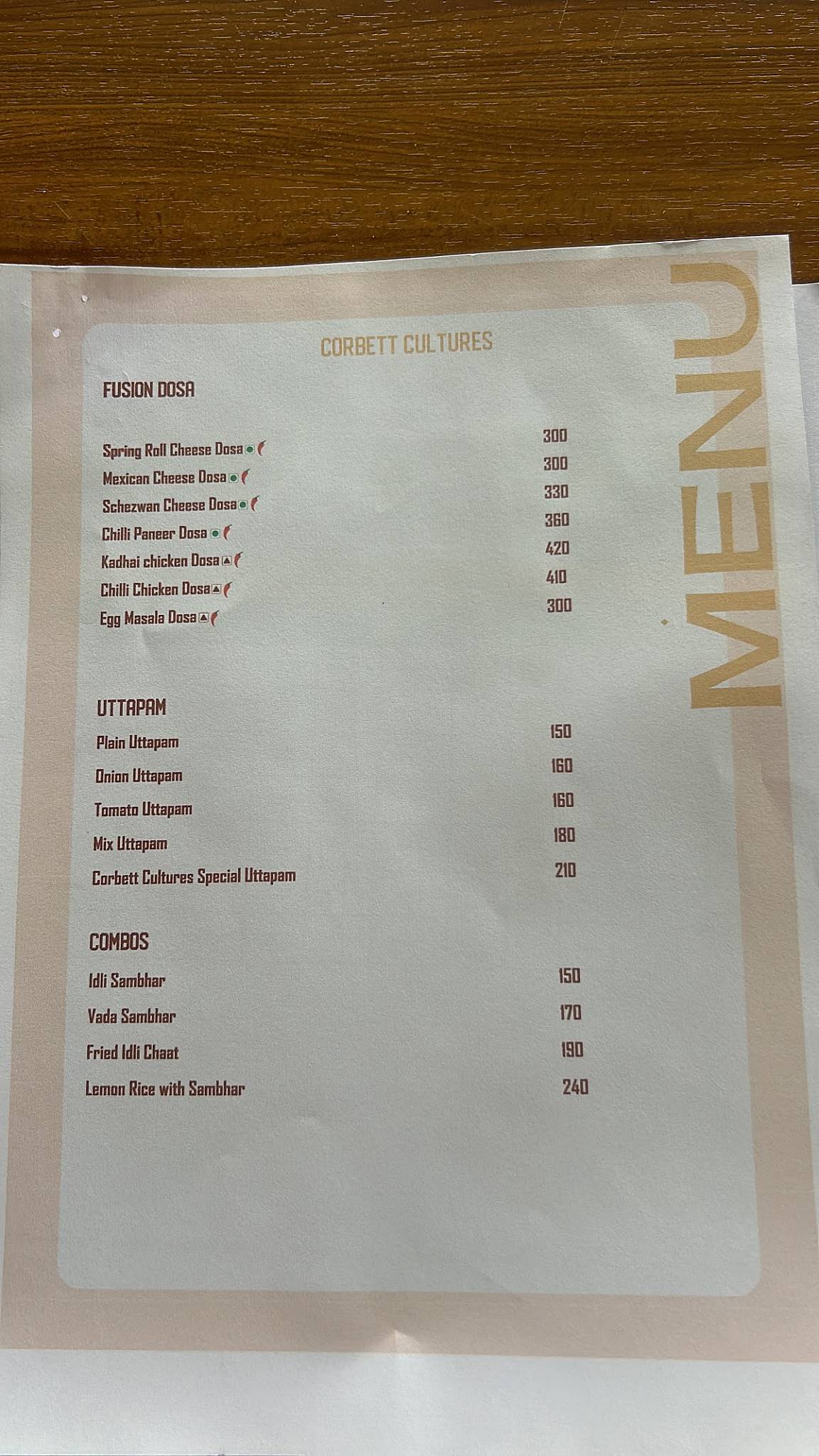 Corbett Cultures menu